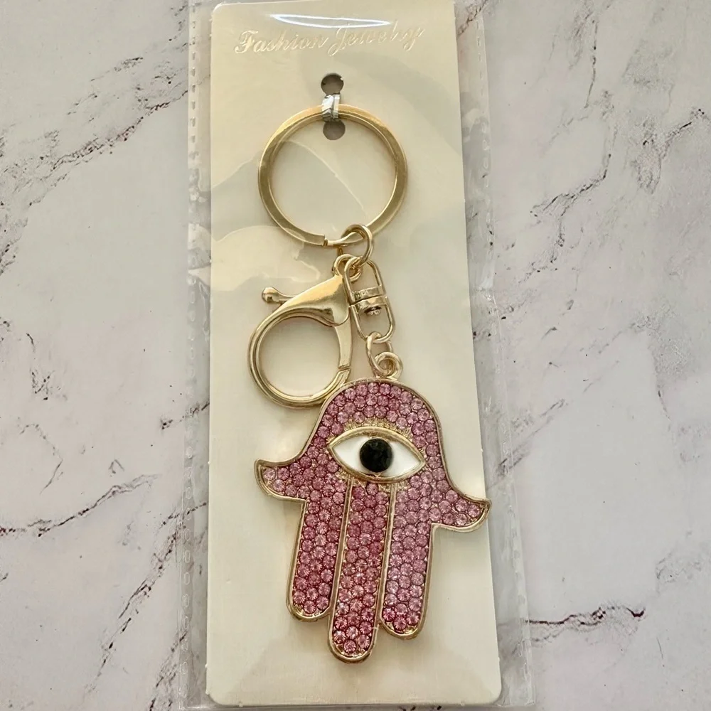 Pink Rhinestone Goldtone Hamsa Hand Keychain Bag Charm Accessories